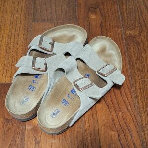 Birkenstock Suede Two-Strap Sandals in Light Gray-Tan